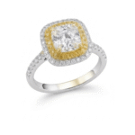 18K Two-Tone Gold Diamond Ring with Cushion Cut Center Stone.
