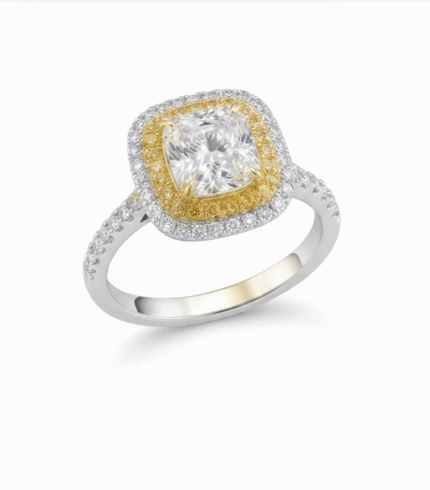 18K Two-Tone Gold Diamond Ring with Cushion Cut Center Stone.