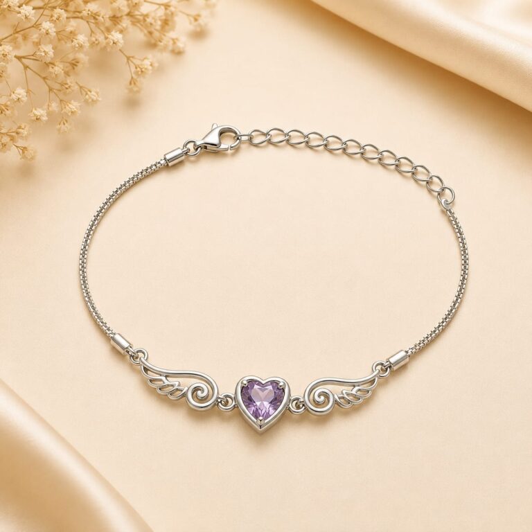 Silver 925 heart wing bracelet with purple heart stone