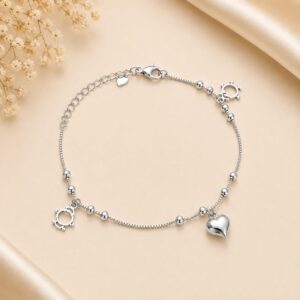 Silver 925 adjustable heart charm bracelet for women with bead chain design.