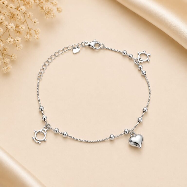 Silver 925 adjustable heart charm bracelet for women with bead chain design.