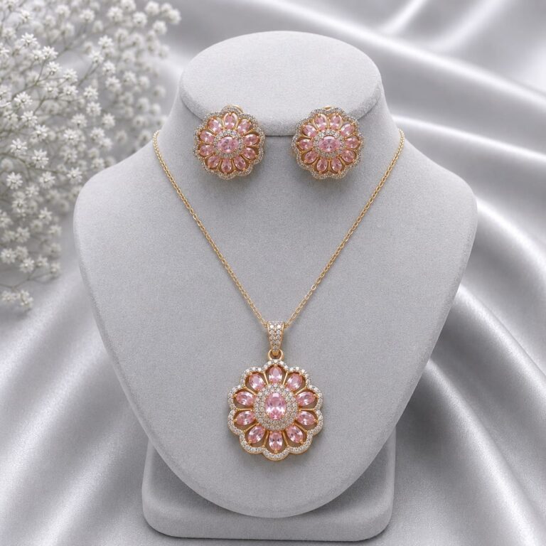 Silver 925 pink floral pendant with matching stud earrings featuring sparkling stones on a luxury silver background