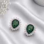 Silver 925 Emerald Green Halo Stud Earrings with Sparkling CZ Stones