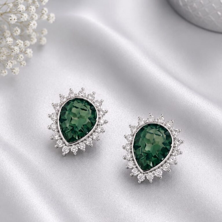 Silver 925 Emerald Green Halo Stud Earrings with Sparkling CZ Stones