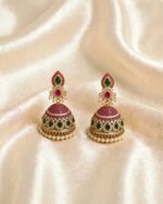 Silver 925 traditional jhumka earrings with ruby and emerald style stones and pearl detailing