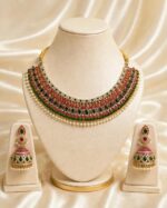 Silver 925 traditional necklace set with matching ruby and emerald style jhumki earrings and pearl detailing