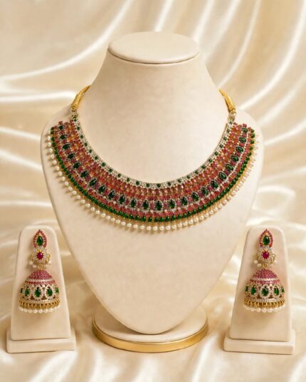 Silver 925 traditional necklace set with matching ruby and emerald style jhumki earrings and pearl detailing