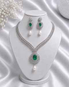 925 Silver Necklace Set with Green Stone, CZ and Pearl Drop Earrings