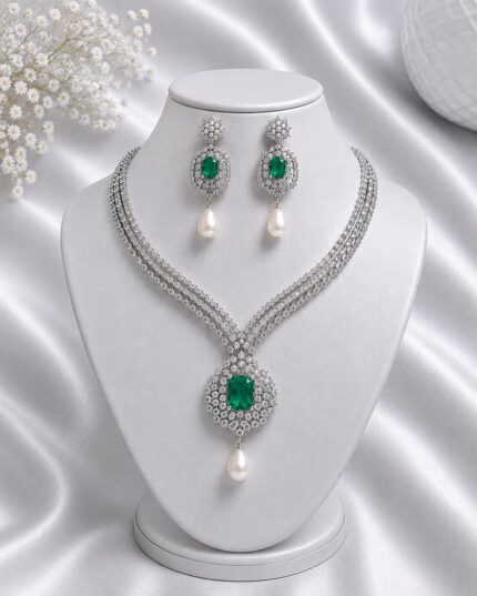 925 Silver Necklace Set with Green Stone, CZ and Pearl Drop Earrings