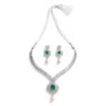 925 Silver Necklace Set with Green Stone, CZ and Pearl Drop Earrings