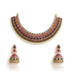 Silver 925 traditional necklace set with matching ruby and emerald style jhumka earrings and pearl detailing
