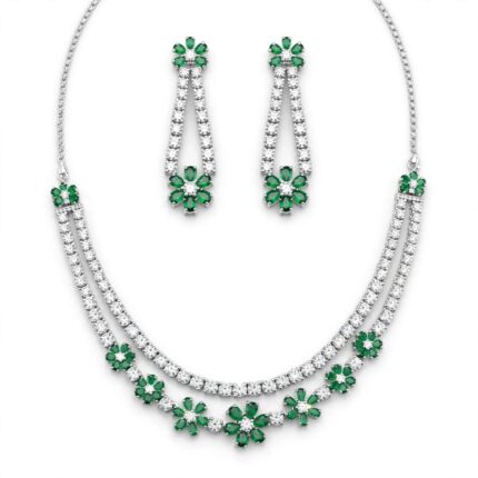 Emerald green flower double layer diamond tennis necklace set with matching earrings on white background - luxury artificial jewelry