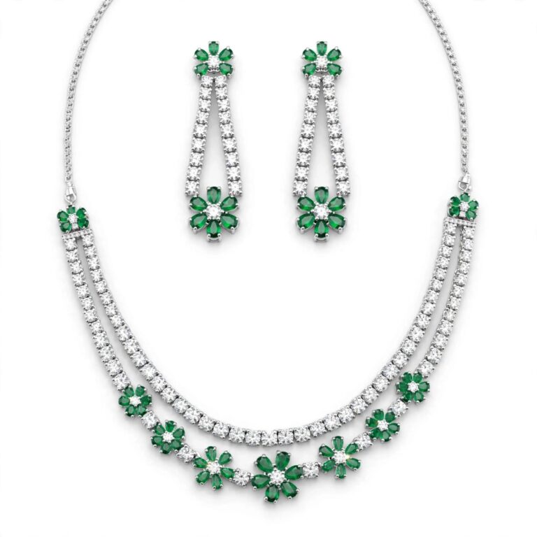 Emerald green flower double layer diamond tennis necklace set with matching earrings on white background - luxury artificial jewelry
