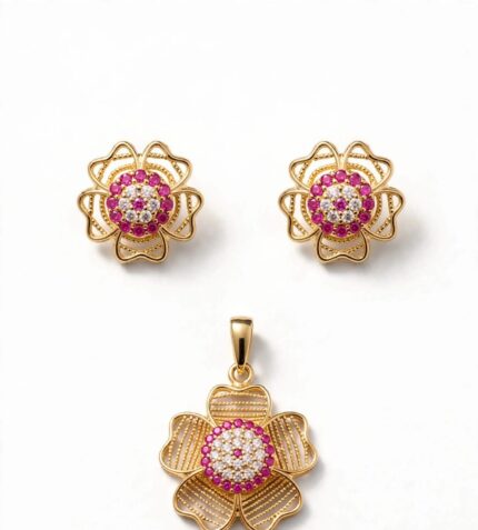 925 Sterling Silver gold plated pink flower pendant set with chain and tops - real silver jewelry