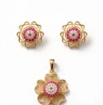 925 Sterling Silver gold plated pink flower pendant set with chain and tops - real silver jewelry