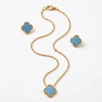 925 sterling silver sky blue clover necklace and earrings set for women