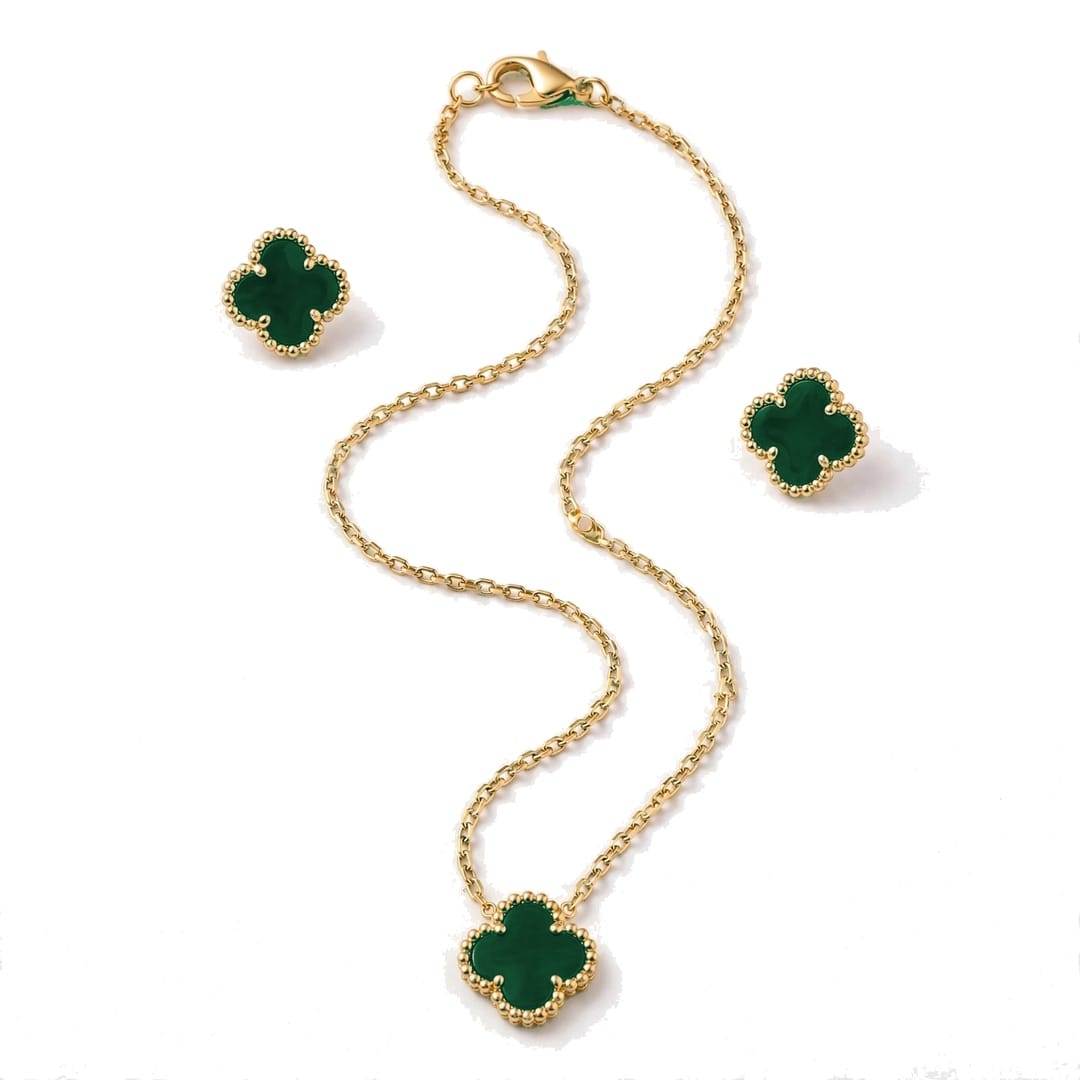 925 Sterling Silver Green Clover Necklace Set | Pure Silver Green Pendant Set for Women sterling silver green clover stud earrings set