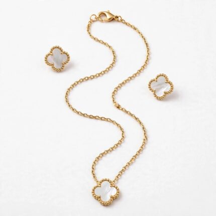 925 silver white mother of pearl clover necklace and earrings set