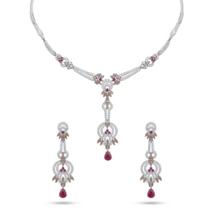 925 sterling silver necklace set with ruby teardrop pendant and matching earrings, bridal jewelry set