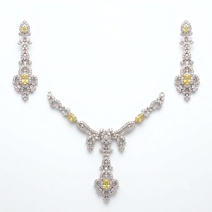 925 sterling silver necklace set with yellow citrine stone and earrings, also available in red stone variant