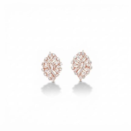 Pair of rose gold diamond stud earrings in leaf shape design with marquise and baguette diamonds