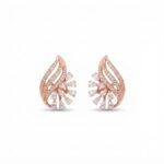 Pair of rose gold flame shaped diamond stud earrings with pear cut diamonds and pave setting