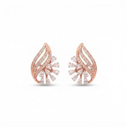 Pair of rose gold flame shaped diamond stud earrings with pear cut diamonds and pave setting