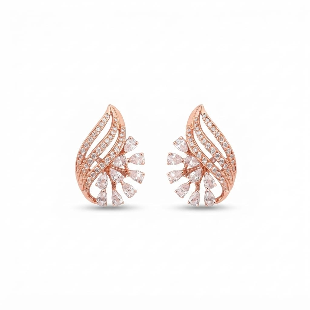 18K Rose Gold Wing Shaped Diamond Stud Earrings | Pear Cut Diamond Cluster Tops For Women Pair of rose gold flame shaped diamond stud earrings with pear cut diamonds and pave setting