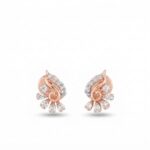 Pair of rose gold swirl stud earrings with round and pear cut diamonds in twisted design
