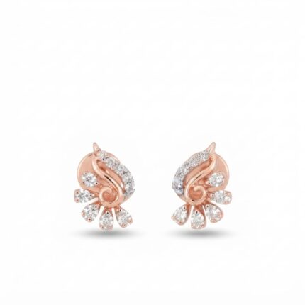 Pair of rose gold swirl stud earrings with round and pear cut diamonds in twisted design