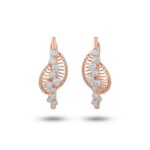 Pair of rose gold twisted leaf bali earrings with jali design and round diamond line