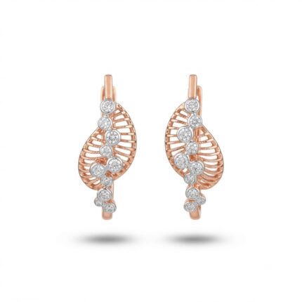 Pair of rose gold twisted leaf bali earrings with jali design and round diamond line