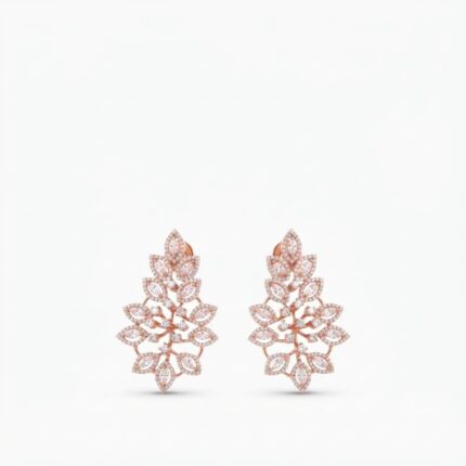 Pair of rose gold plated leaf vine long stud earrings with marquise white zircon stones