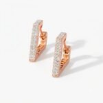 Pair of rose gold J shape huggie bali earrings with full white zircon pave setting